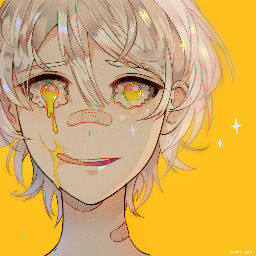 1boy artist_name bandaid bandaid_on_face bandaid_on_neck bandaid_on_nose commentary covered_eyes dripping english_commentary fried_egg head_only hoshi-pan licking male_focus open_mouth original short_hair smile solo sparkle teeth tongue upper_teeth_only white_hair yellow_background