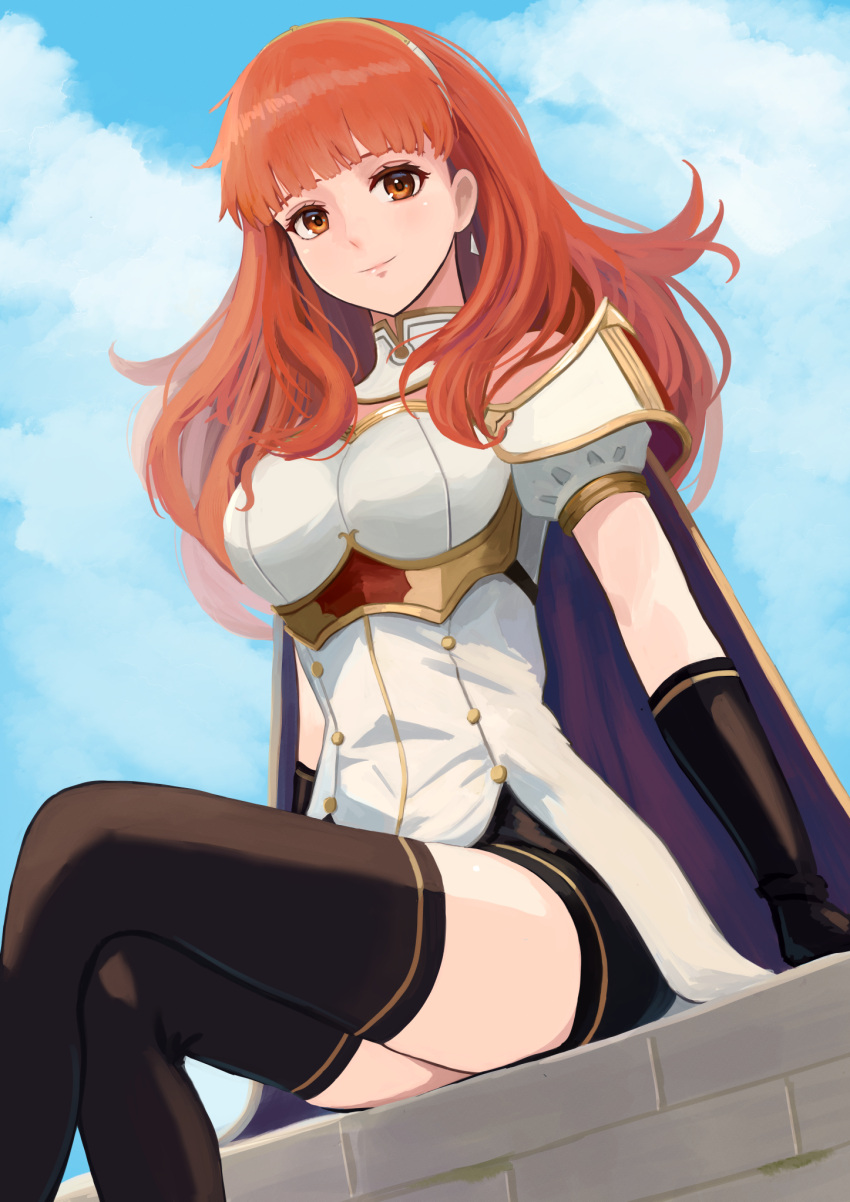 1girl black_gloves black_thighhighs blue_sky breasts cape celica_(fire_emblem) closed_mouth clouds crossed_legs day earrings fire_emblem fire_emblem_echoes:_shadows_of_valentia gloves gold_hairband hairband highres jewelry labebebe_lee long_hair medium_breasts orange_eyes outdoors purple_cape redhead single_horizontal_stripe sitting sky smile solo thigh-highs