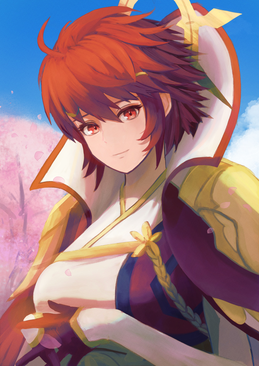 1girl ahoge black_gloves breasts cherry_blossoms closed_mouth commentary_request fire_emblem fire_emblem_fates fire_emblem_heroes gloves hair_between_eyes high_collar highres hinoka_(fire_emblem) hinoka_(thundering_wings)_(fire_emblem) labebebe_lee large_breasts looking_at_viewer own_hands_together petals red_eyes redhead short_hair solo