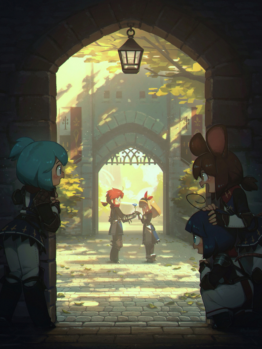 1boy 4girls absurdres ahoge animal_ears aqua_eyes aqua_hair blonde_hair blue_eyes blue_hair brown_eyes brown_hair buck_teeth cyclops english_commentary fantasy fingerless_gloves flower gate gauntlets gloves highres holding holding_flower lantern long_hair low_ponytail mouse_ears mouse_tail multiple_girls one-eyed original porforever redhead relica_(porforever) short_hair squatting standing tail teeth