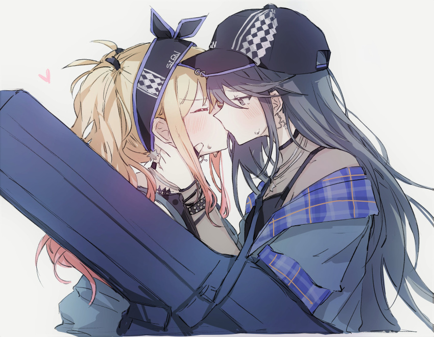 00xzzz1202 2girls baseball_cap black_eyes black_hair black_hairband black_headwear blonde_hair blue_jacket blush commentary cropped_torso ear_blush earrings from_side hairband hand_on_another's_neck hat heart highres hoshino_ichika_(project_sekai) instrument_case jacket jewelry kiss long_hair multiple_girls off_shoulder project_sekai see-through see-through_sleeves sidelocks simple_background studded_bracelet sweat symbol-only_commentary tenma_saki two_side_up upper_body white_background yuri