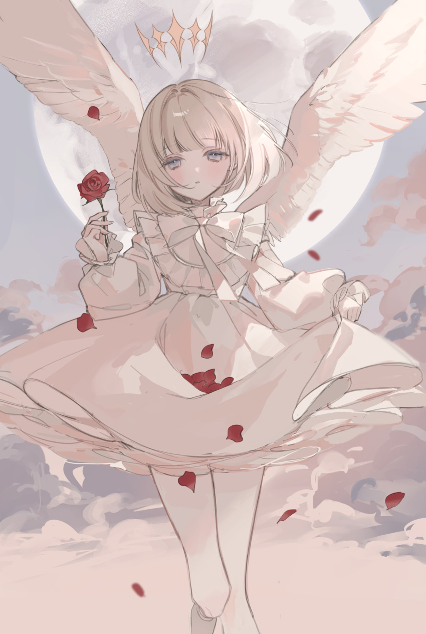 1girl angel_wings blonde_hair blue_eyes dress expressionless falling_petals feathered_wings flower flying full_moon halo highres holding holding_flower kyuumura long_sleeves looking_at_viewer moon original parted_lips petals petticoat puffy_long_sleeves puffy_sleeves red_flower red_rose rose short_hair sketch sky solo thigh-highs white_dress white_thighhighs wings