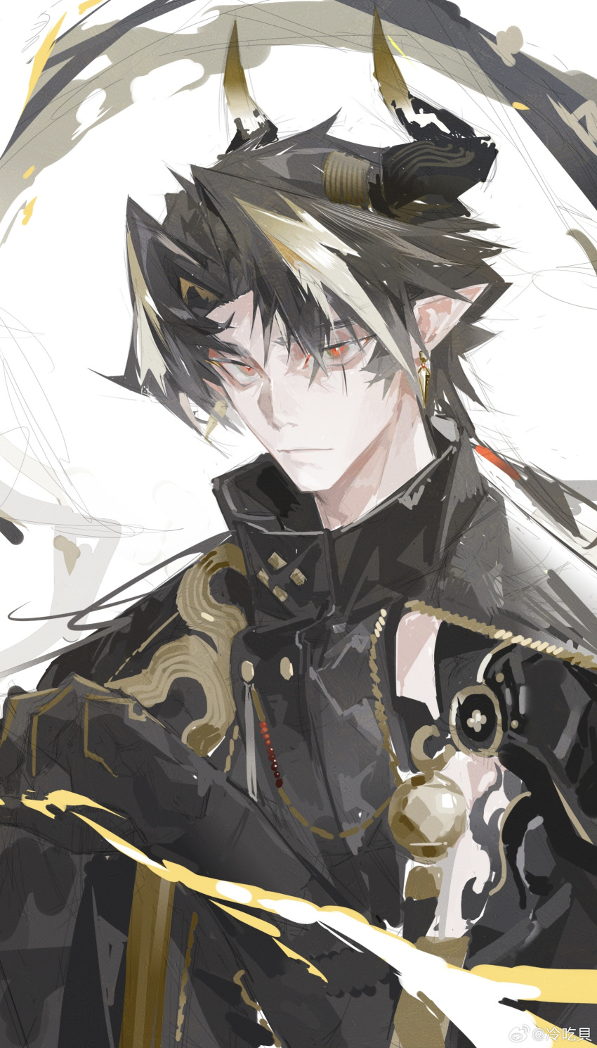 1boy absurdres arknights artist_request black_hair black_skin bright_pupils chong_yue_(arknights) colored_skin dragon_boy dragon_horns gradient_skin hand_up highres horns long_hair long_tail looking_at_viewer male_focus multicolored_hair pointy_ears red_eyes sanpaku solo streaked_hair tail thick_eyebrows upper_body