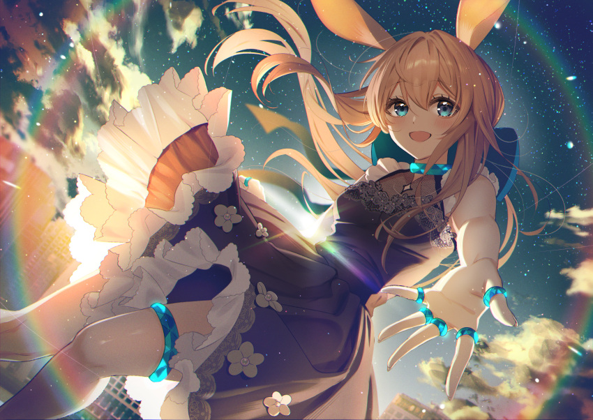1girl absurdres amiya_(arknights) animal_ears arknights backlighting bare_legs black_dress blue_bow blue_eyes blue_sky blush bow breasts brown_hair building clouds commentary dot_nose dress dutch_angle feet_out_of_frame floral_print flower frilled_dress frills hair_bow highres infection_monitor_(arknights) jewelry lens_flare long_hair looking_at_viewer multiple_rings open_mouth outdoors outstretched_hand rabbit_ears rabbit_girl rainbow reaching reaching_towards_viewer ring sallyzaemon sky small_breasts smile solo thigh_strap white_flower