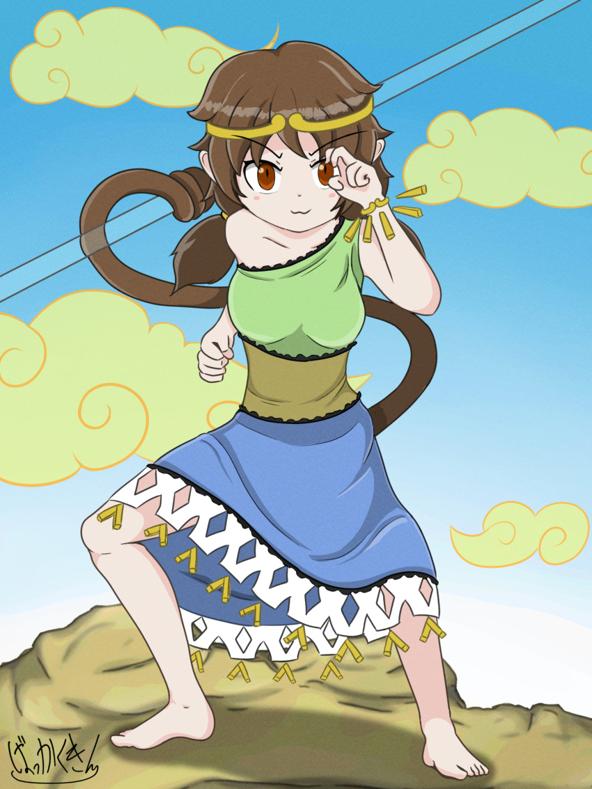barefoot blue_dress brown_eyes brown_hair brown_tail circlet detached_sleeves dragon_ball dress fighting_stance frilled_dress frills green_dress highres monkey_girl monkey_tail multicolored_clothes multicolored_dress prehensile_tail ruyi_jingu_bang single-shoulder_dress single_detached_sleeve single_strap son_biten tail test_tube touhou unfinished_dream_of_all_living_ghost yellow_dress