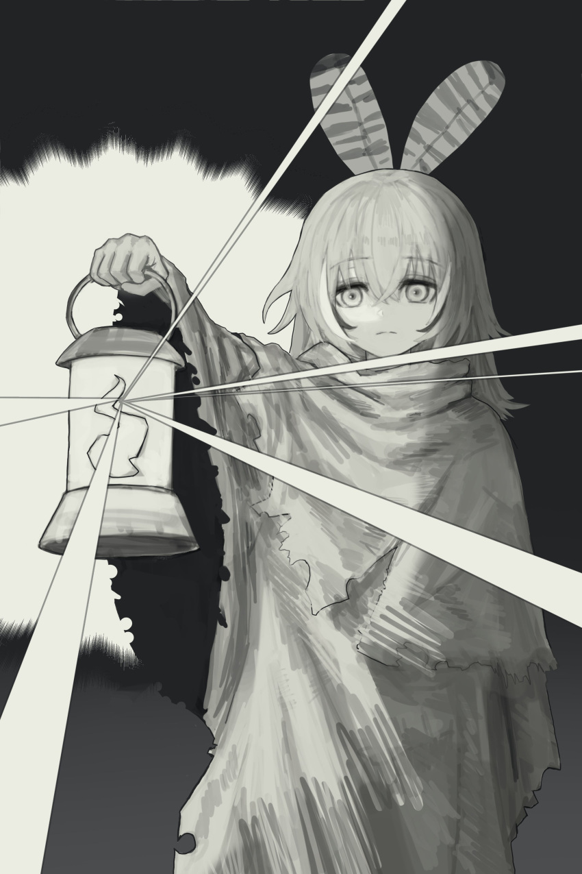1girl absurdres black_background cloak failose feathers frown greyscale highres holding holding_lantern hololive hololive_english hood hooded_cloak lantern light long_hair looking_at_viewer monochrome multicolored_hair mumei_(song)_(hololive) nanashi_mumei streaked_hair very_long_hair virtual_youtuber wide_sleeves