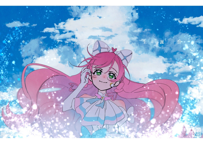 1girl artist_name ascot blue_sky bow braid brooch character_name closed_mouth clouds cloudy_sky commentary cure_prism dated day dress dress_bow earrings elbow_gloves gloves green_eyes hair_bow hand_in_own_hair highres hirogaru_sky!_precure jewelry light_particles long_hair looking_at_viewer magical_girl nijigaoka_mashiro outdoors pink_hair precure side_braid signature sky sleeveless sleeveless_dress smile solo tete_a translated twin_braids very_long_hair white_ascot white_bow white_dress white_gloves wind wing_brooch