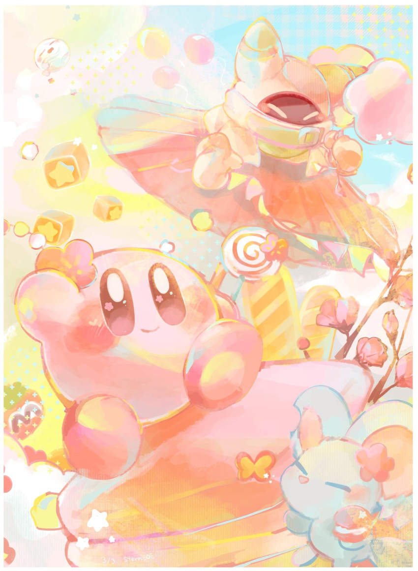 2boys 2others arm_up balloon blue_sky blush border branch bud bug butterfly candy cherry_blossoms cloak closed_eyes closed_mouth clouds commentary_request day elfilin flower flower_(symbol) flower_in_eye food gloves highres holding holding_candy holding_food holding_lollipop kirby kirby_(series) lollipop looking_at_viewer macaron magolor maxim_tomato no_humans notched_ear pink_eyes pink_flower pom_pom_(clothes) sky smile star_(symbol) star_block stern_(stern_dream) swirl_lollipop symbol_in_eye void_soul white_border