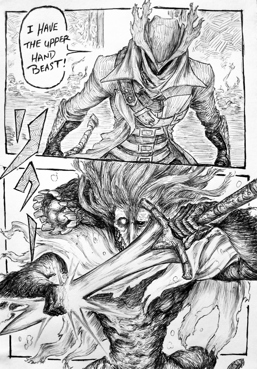 1other bloodborne chronozbergh coat cowboy_shot english_commentary gloves greyscale hat highres holding holding_sword holding_weapon hunter_(bloodborne) kagurabachi long_hair long_sleeves ludwig_the_accursed monochrome monster speech_bubble standing sword teeth tricorne vambraces weapon