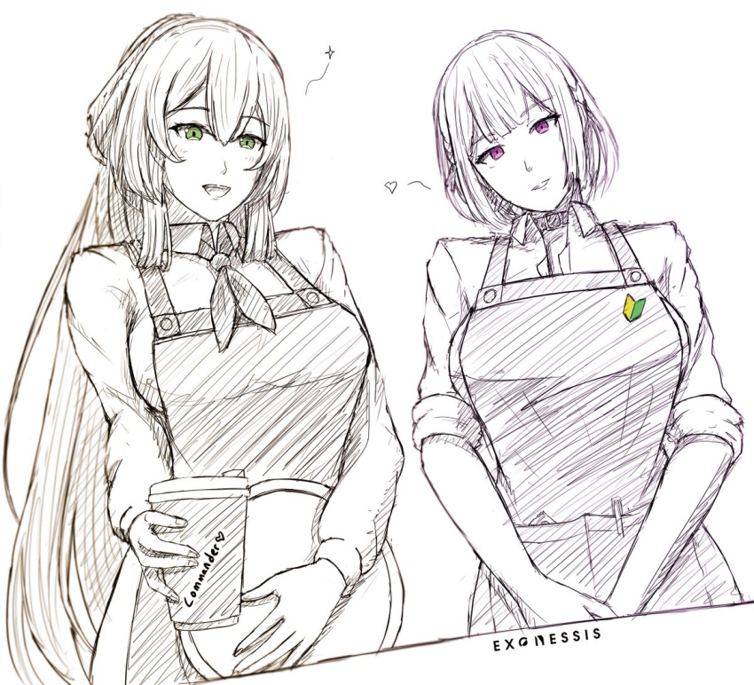 2girls artist_name breasts choker collared_shirt cup english_commentary exonessis girls_frontline green_eyes hair_between_eyes heart holding holding_cup long_hair long_sleeves looking_at_viewer multiple_girls open_mouth partially_colored rpk-16_(girls'_frontline) shirt short_hair sidelocks sketch smile springfield_(girls'_frontline) standing star_(symbol) teeth upper_body upper_teeth_only violet_eyes