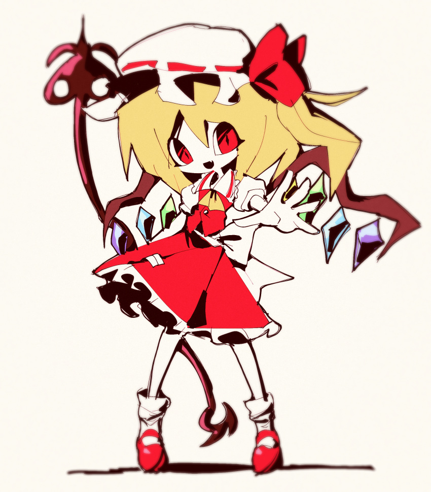 1girl absurdres atoymk blonde_hair chinese_commentary colored_skin commentary_request fang flandre_scarlet flat_chest frilled_shirt_collar frilled_skirt frills full_body hat hat_ribbon highres looking_at_viewer mary_janes mob_cap no_nose one_side_up open_mouth puffy_short_sleeves puffy_sleeves reaching reaching_towards_viewer red_eyes red_footwear red_ribbon red_skirt red_vest ribbon shirt shoes short_sleeves skin_fang skirt smile socks solo touhou vest white_headwear white_shirt white_skin white_socks wings
