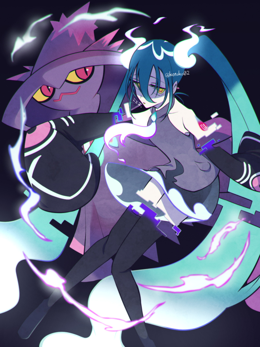 aqua_hair black_thighhighs detached_sleeves floating ghost ghost_miku_(project_voltage) glitch grey_shirt hair_between_eyes hatsune_miku highres kotoko0 long_hair looking_at_viewer mismagius necktie pale_skin pokemon pokemon_(creature) project_voltage see-through see-through_skirt shirt skirt sleeves_past_fingers sleeves_past_wrists thigh-highs twintails very_long_hair vocaloid will-o'-the-wisp_(mythology) yellow_eyes