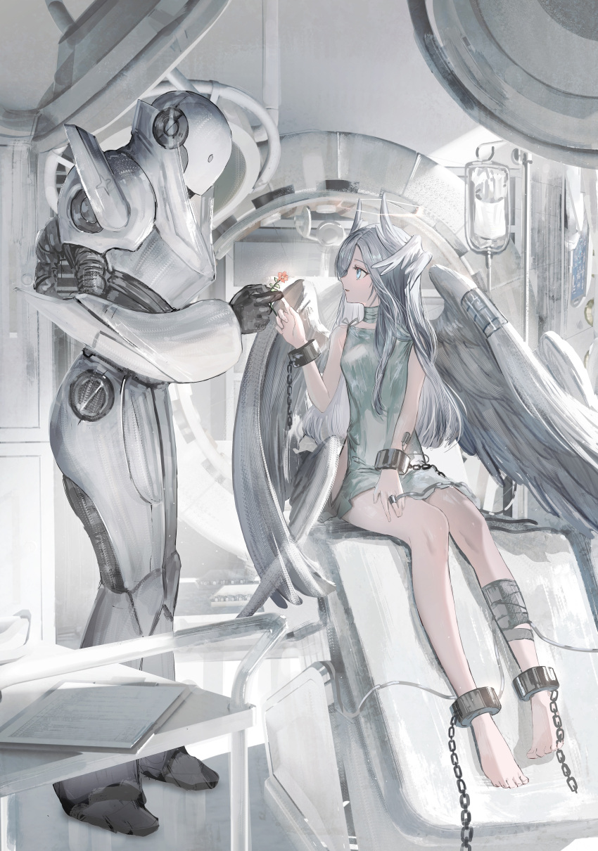 1girl absurdres aqua_eyes barefoot cuffs dress flower gawako grey_hair grey_wings hand_up head_wings highres holding holding_flower indoors intravenous_drip joints long_hair looking_at_another original parted_lips profile robot robot_joints shackles sitting wings