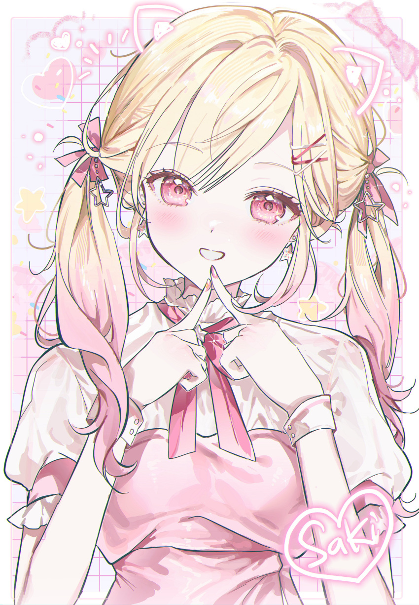 0202ase 1girl absurdres blonde_hair earrings gradient_hair grin hair_ribbon highres index_finger_raised jewelry looking_at_viewer multicolored_hair neck_ribbon pink_eyes pink_hair pink_ribbon project_sekai puffy_short_sleeves puffy_sleeves ribbon shirt short_sleeves smile solo tenma_saki twintails upper_body white_shirt