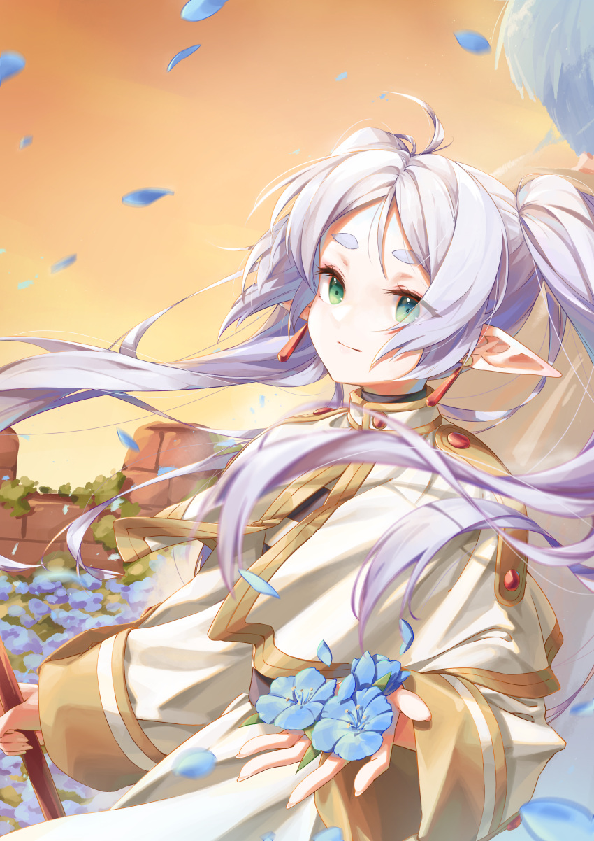 1boy 1girl absurdres aeon_ion ahoge blue_flower blue_hair cape capelet closed_mouth earrings elf flower frieren highres himmel_(sousou_no_frieren) jewelry long_hair non-web_source pointy_ears sky sousou_no_frieren sunset twintails white_capelet white_hair