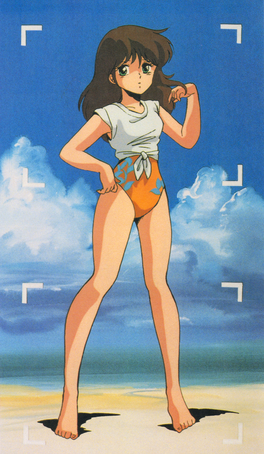 1980s_(style) 1girl barefoot beach brown_hair casual_one-piece_swimsuit cream_lemon day fairy_dust full_body green_eyes highres long_hair looking_at_viewer non-web_source nonomura_ami official_art one-piece_swimsuit outdoors retro_artstyle scan shirt sleeveless solo swimsuit tied_shirt white_shirt