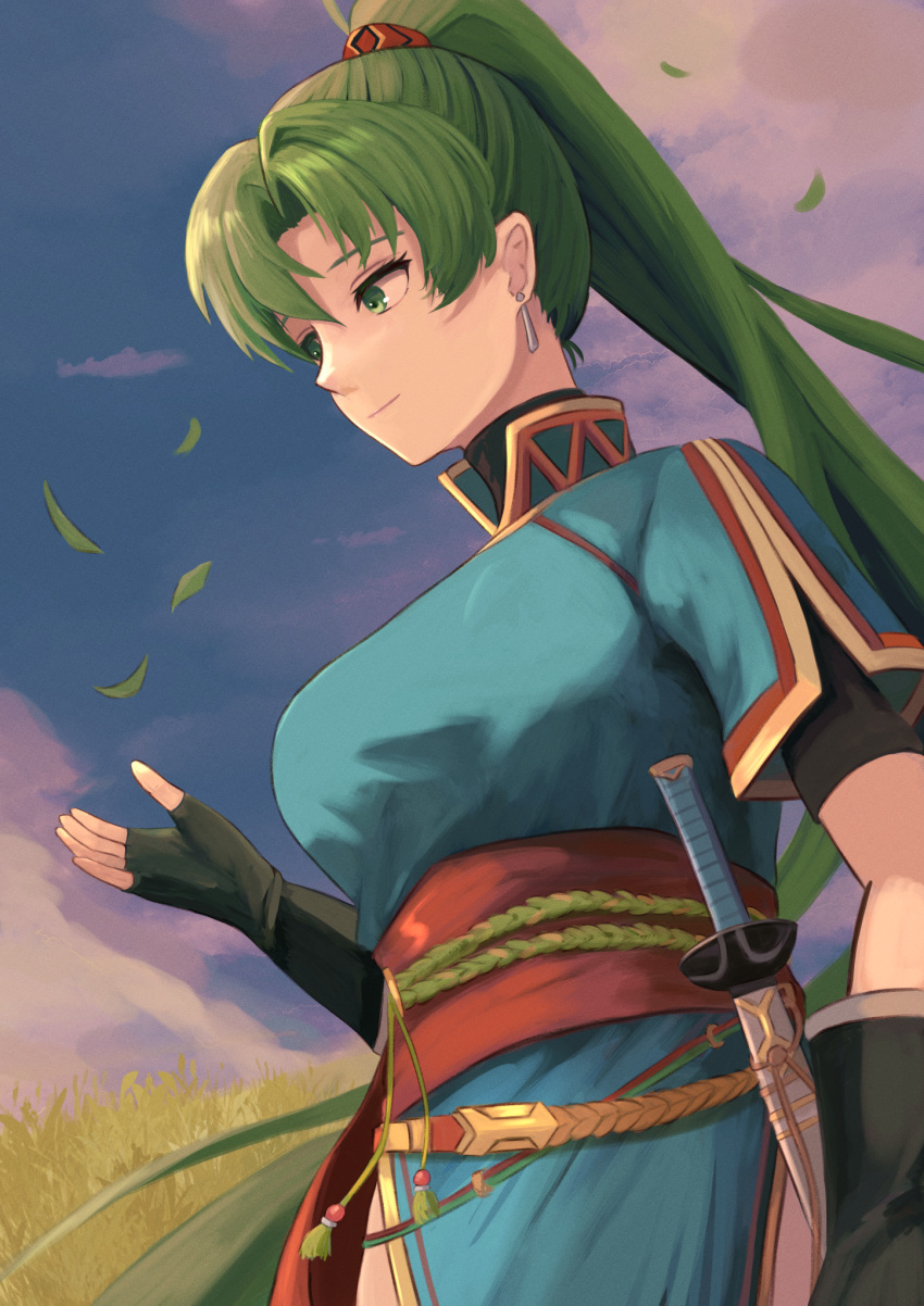1girl black_gloves blue_dress blue_sky breasts closed_mouth clouds dress earrings fingerless_gloves fire_emblem fire_emblem:_the_blazing_blade gloves green_eyes green_hair hair_intakes high_collar high_ponytail highres jewelry katana labebebe_lee long_hair lyn_(fire_emblem) medium_breasts outdoors ponytail red_sash sash short_sleeves sky smile solo sword turtleneck very_long_hair weapon
