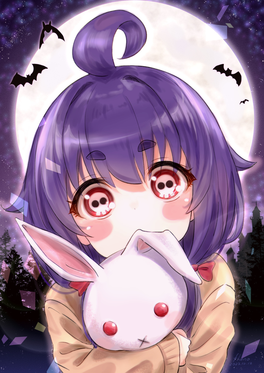 :x absurdres ahoge artist_name bat_(animal) blush_stickers castle dark_gathering dated fluno forest full_moon hair_between_eyes highres houzuki_yayoi lens_flare low_twintails moon nature polycoria purple_hair red_eyes red_ribbon ribbon short_eyebrows skull-shaped_pupils starry_background stuffed_animal stuffed_rabbit stuffed_toy sweater symbol-shaped_pupils twintails yellow_sweater