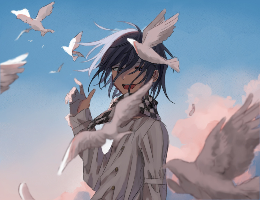 1boy :d animal bird black_hair blue_sky buttons checkered_clothes checkered_scarf clouds danganronpa_(series) danganronpa_v3:_killing_harmony day dove grey_jacket hair_between_eyes jacket kasou_(roomno404_) long_sleeves looking_to_the_side medium_hair oma_kokichi outdoors scarf sky smile solo teeth upper_teeth_only