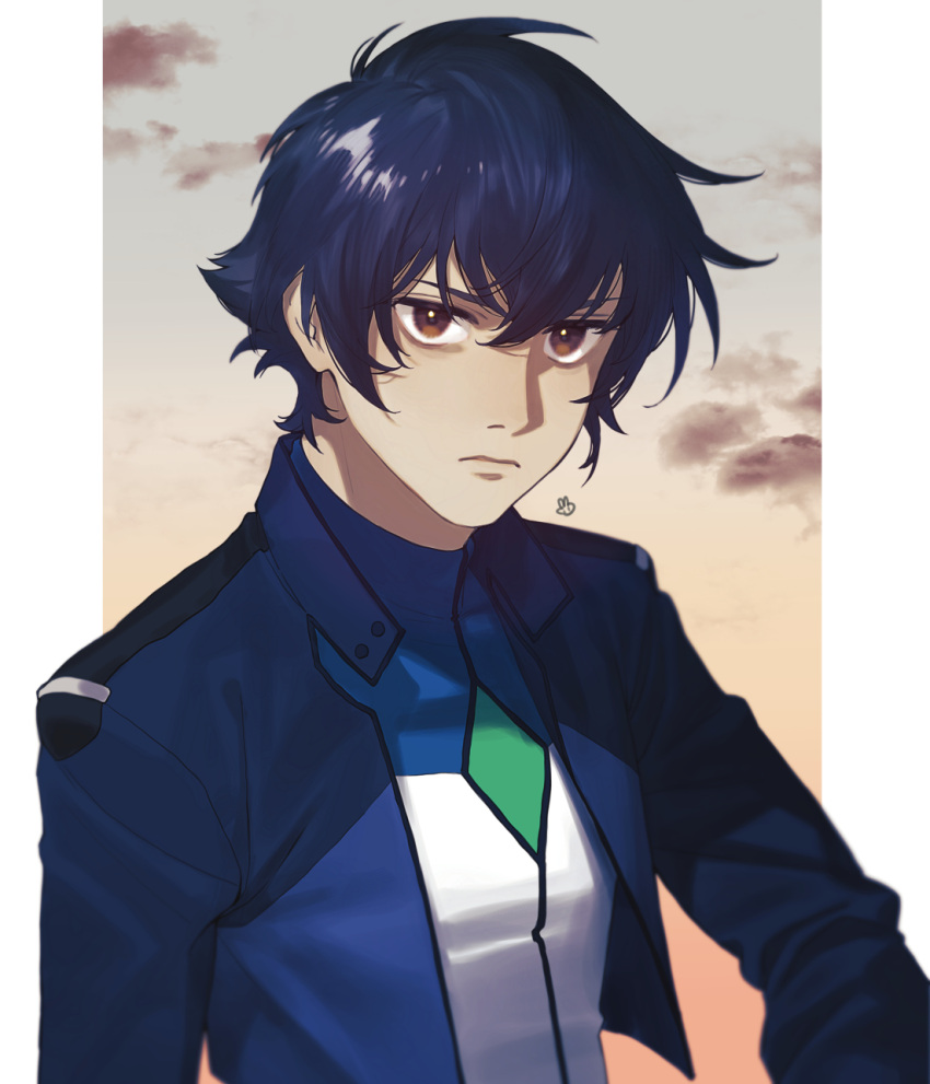 1boy blue_hair blue_jacket brown_eyes celestial_being_uniform closed_mouth clouds commentary_request cropped_jacket evening expressionless gundam gundam_00 hair_between_eyes highres jacket long_sleeves looking_at_viewer male_focus outside_border pillarboxed setsuna_f._seiei short_hair solo ususio_11