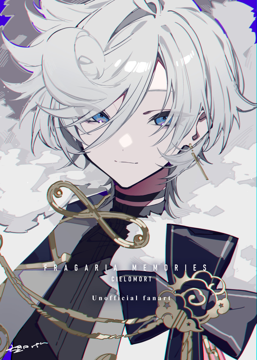 1boy absurdres black_choker black_shirt blue_background blue_eyes cape character_name choker cielomort_(fragaria_memories) closed_mouth copyright_name earrings fragaria_memories fur-trimmed_jacket fur_trim highres jacket jewelry looking_at_viewer male_focus mochizuki_kei shirt short_hair smile solo white_cape white_hair