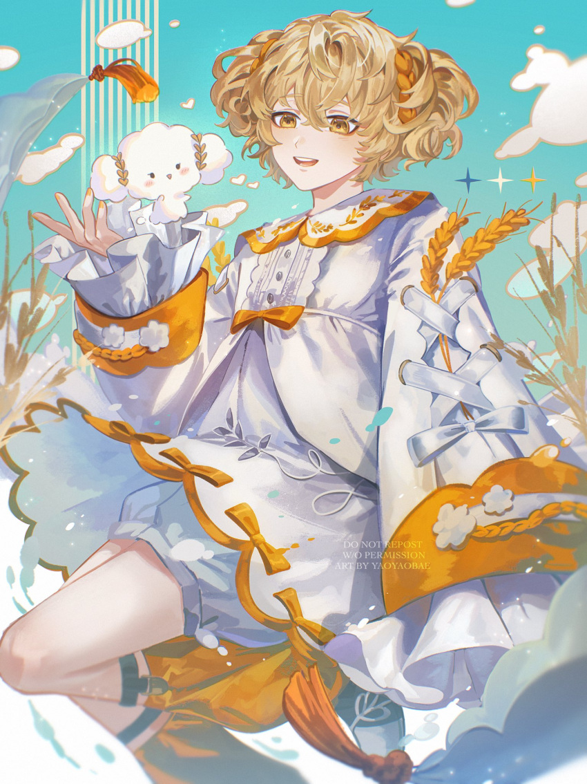 1boy androgynous blonde_hair blue_sky bow clouds cogimyun dress fragaria_memories highres long_sleeves looking_at_viewer male_focus myunna_(fragaria_memories) open_mouth sanrio short_twintails shorts sky smile solo teeth twintails wheat_field white_bow white_dress white_shorts yaoyaobae