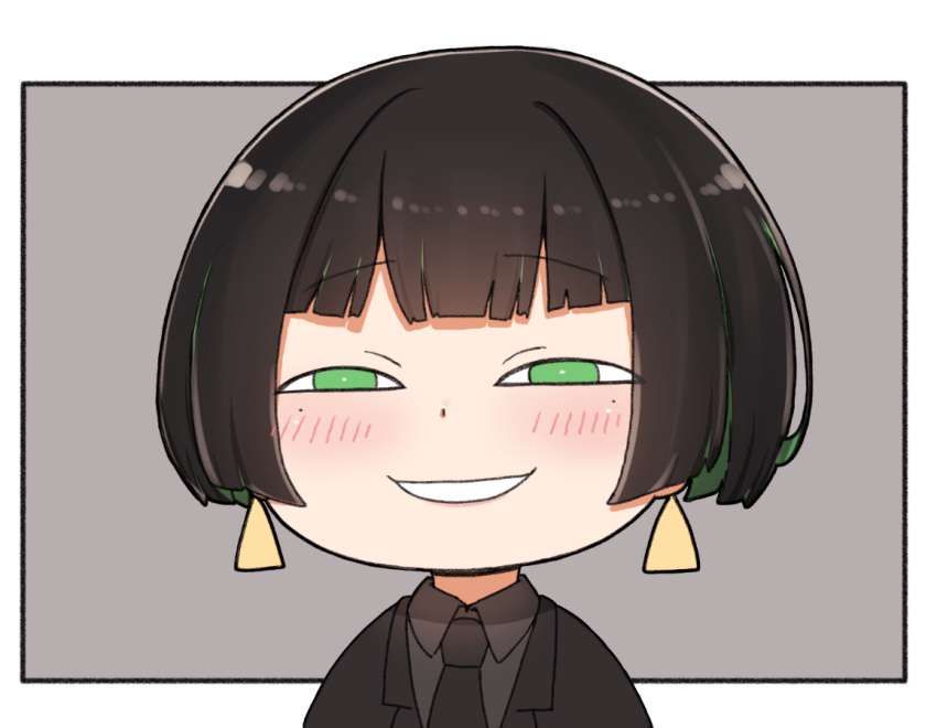 1girl allmind_(armored_core_6) anya's_heh_face_(meme) armored_core armored_core_6 black_hair black_jacket black_necktie blush chibi collared_shirt earrings green_eyes green_hair grey_background grey_shirt half-closed_eyes i.u.y jacket jewelry looking_at_viewer meme multicolored_hair necktie personification shirt short_hair smile solo two-tone_background two-tone_hair white_background