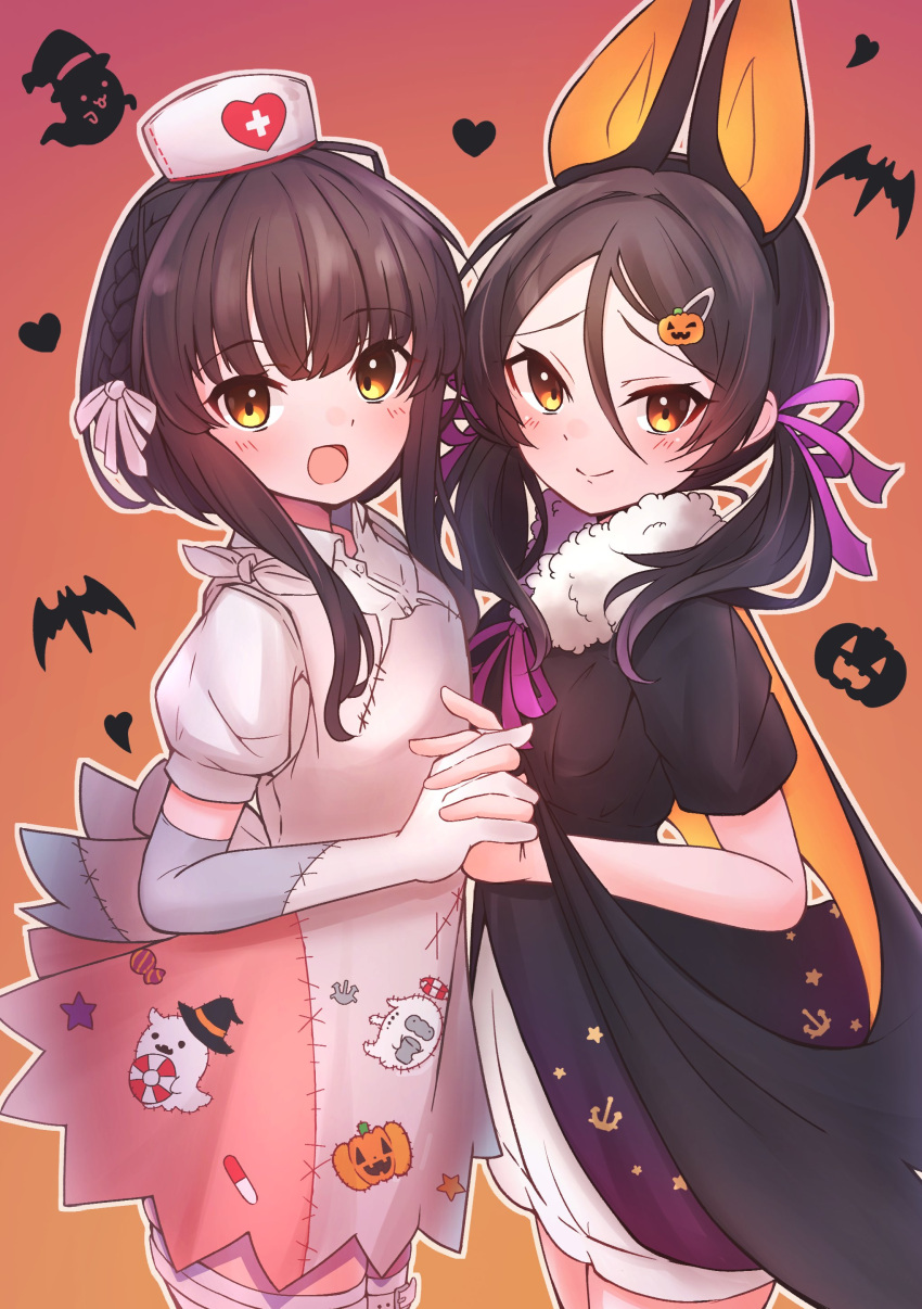 2girls 702_(naotsu) absurdres black_dress black_hair blush brown_eyes brown_hair closed_mouth cowboy_shot dress hair_ornament hairclip halloween halloween_costume hat highres inagi_(kancolle) jack-o'-lantern kantai_collection long_hair looking_at_viewer multiple_girls nurse_cap official_alternate_costume open_mouth patchwork_clothes puffy_short_sleeves puffy_sleeves short_hair_with_long_locks short_sleeves sidelocks smile ukuru_(kancolle) white_headwear