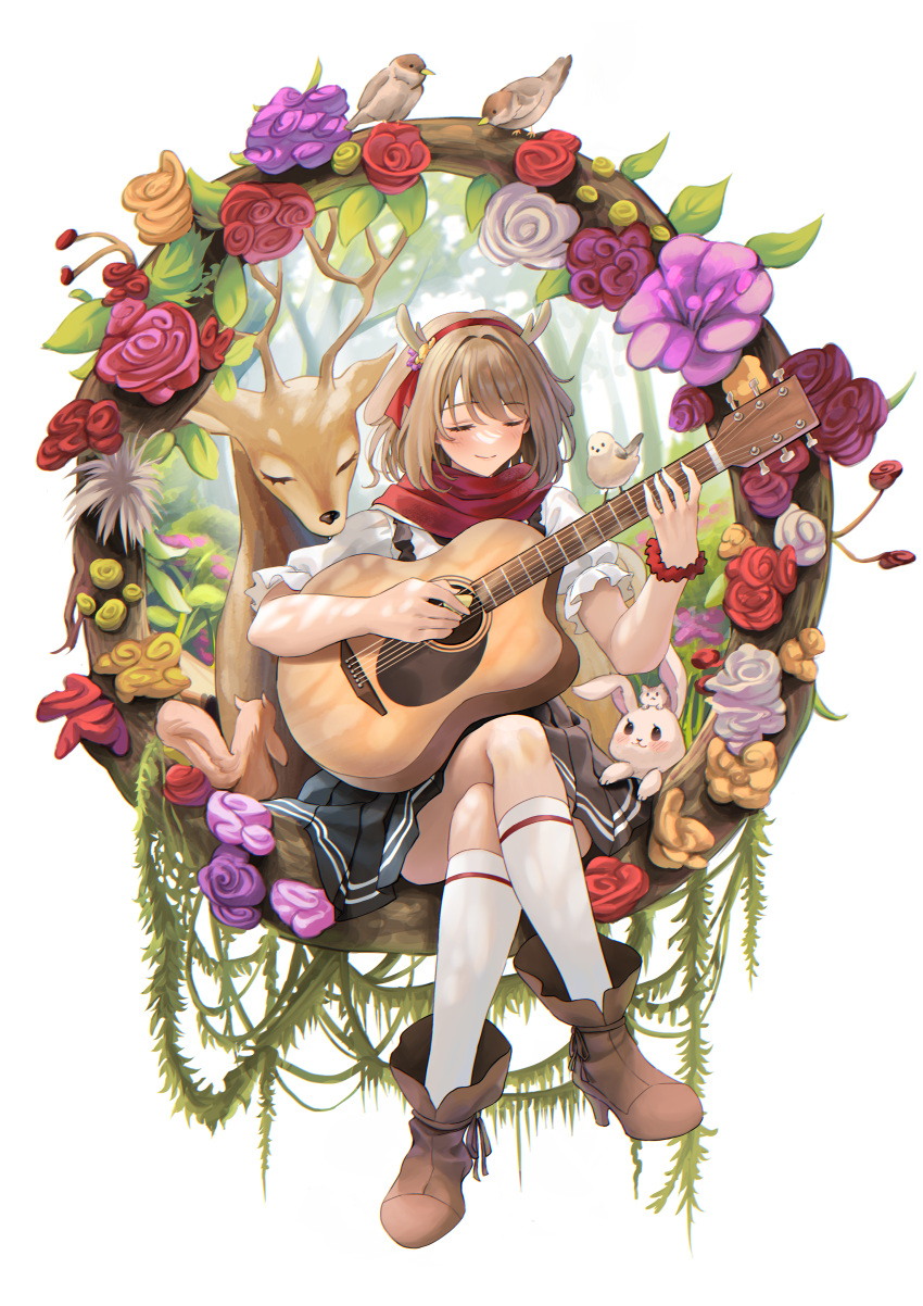 1girl absurdres bird blouse blush boots bracelet character_request closed_eyes closed_mouth commentary_request crossed_legs deer elocca fake_antlers floral_background flower full_body guitar hairband hamster high_heel_boots high_heels highres instrument jewelry kneehighs medium_hair mixed-language_commentary playing_guitar pleated_skirt plectrum rabbit red_flower red_rose rose shirt sitting skirt smile socks solo squirrel virtual_youtuber white_shirt white_socks