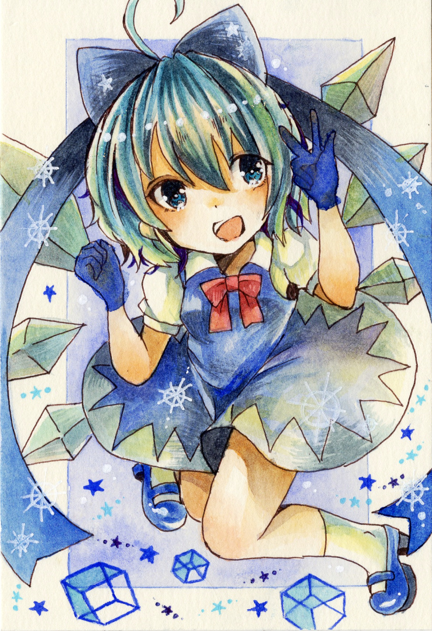 1girl ahoge blue_background blue_bow blue_dress blue_eyes blue_footwear blue_gloves blue_hair border bow breasts cirno detached_wings dress full_body gloves hair_between_eyes hair_bow happy head_tilt highres ice ice_wings large_bow looking_at_viewer mary_janes medium_hair open_mouth painting_(medium) pinafore_dress shirt shoes sleeveless sleeveless_dress small_breasts smile snowflake_background socks solo teeth totoki_mea touhou traditional_media upper_teeth_only watercolor_(medium) white_border white_shirt white_socks wings
