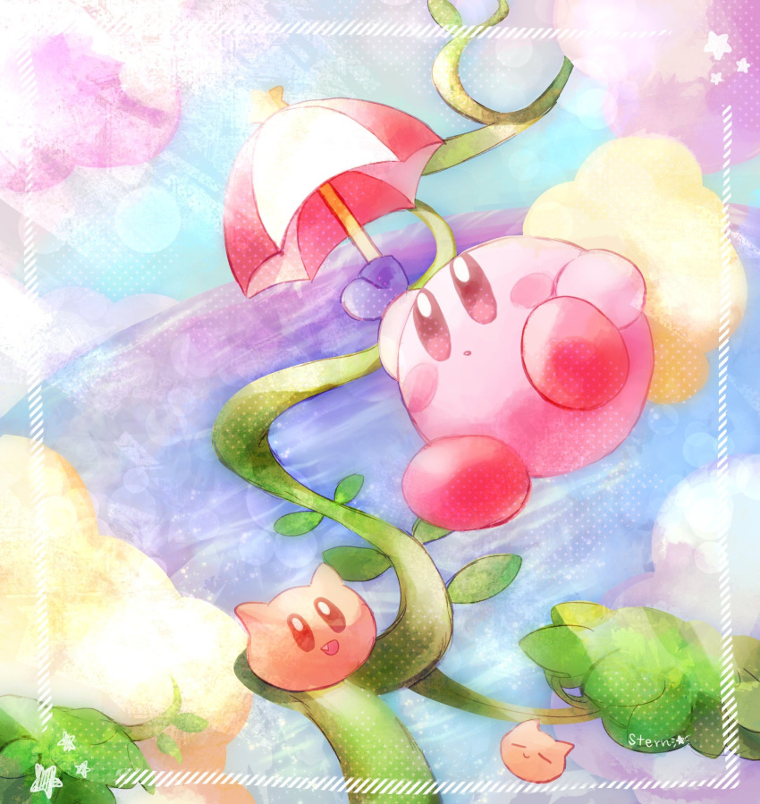 :d :o arm_up artist_name bean_stalk blush blush_stickers clouds commentary_request day fang highres holding holding_umbrella kirby kirby_(series) leaf lens_flare light_rays looking_at_another looking_up no_humans open_mouth outdoors parasol parasol_kirby scarfy smile star_(symbol) stern_(stern_dream) sunlight umbrella water