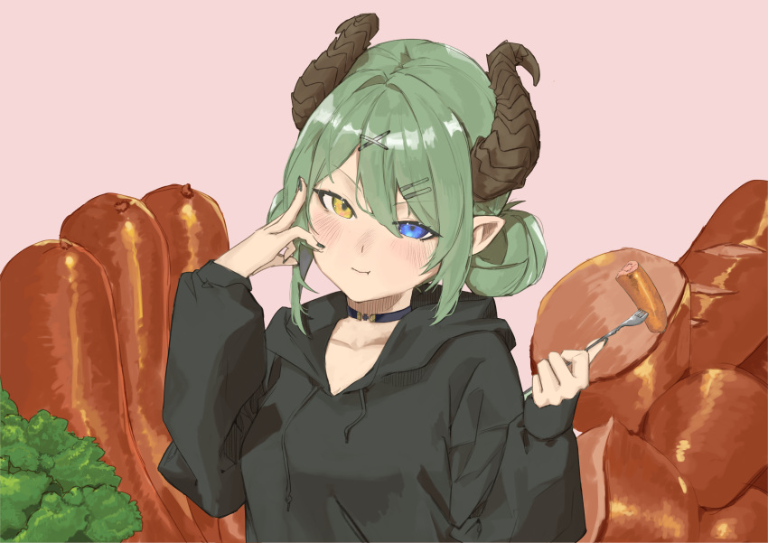 1girl absurdres black_hoodie black_nails blue_eyes blush breasts brown_horns closed_mouth commentary_request curled_horns demon_girl double_bun fang fang_out food fork green_hair hair_between_eyes hair_bun hand_on_own_cheek hand_on_own_face heterochromia highres holding holding_fork hood hood_down hoodie horns lettuce long_bangs long_sleeves looking_at_viewer mebarunavy medium_breasts nanashi_inc. pink_background sausage sekishiro_mico short_hair smile solo upper_body virtual_youtuber yellow_eyes