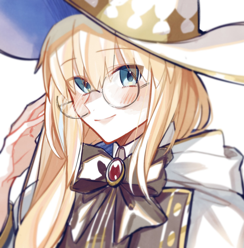 1girl black_bow blonde_hair blue_eyes bow euhage73 fate/grand_order fate_(series) glasses hat highres long_hair robe smile tonelico_(fate) white_background white_robe witch_hat
