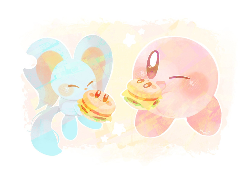 ;d ^_^ blush blush_stickers burger cheese closed_eyes elfilin food heart heart_in_eye highres holding holding_food kirby kirby_(series) kirby_and_the_forgotten_land lettuce no_humans one_eye_closed open_mouth simple_background smile star_(symbol) stern_(stern_dream) symbol_in_eye tomato tomato_slice white_background yellow_background