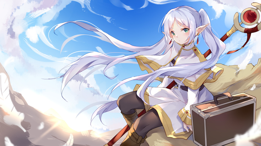1girl absurdres belt black_pantyhose blue_sky boots buttons capelet clouds commentary dress earrings elf frieren green_eyes highres jewelry kaga_mi long_hair long_sleeves looking_at_viewer mage_staff outdoors pantyhose pointy_ears raised_eyebrows sitting sky solo sousou_no_frieren staff suitcase twintails very_long_hair white_capelet white_dress white_hair