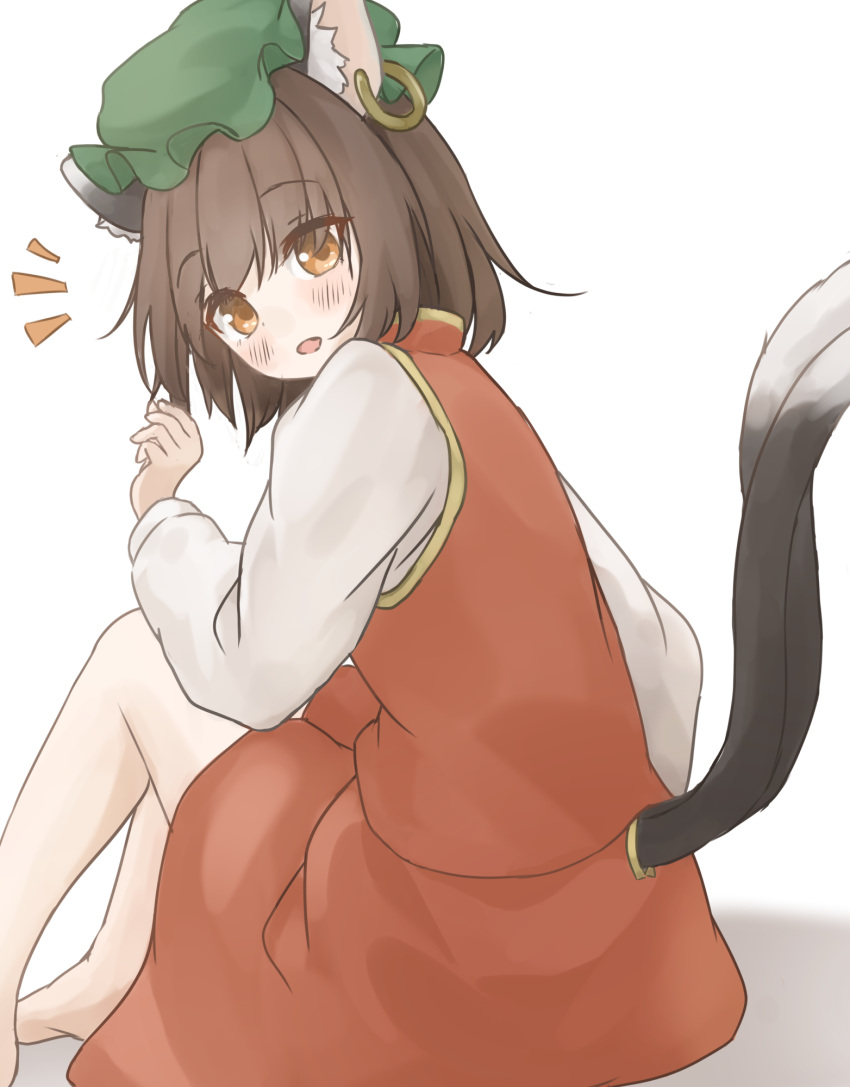1girl :o animal_ear_fluff animal_ear_piercing animal_ears bare_legs barefoot blush brown_eyes brown_hair cat_ears cat_tail chen commentary_request earrings eyes_visible_through_hair foot_out_of_frame gold_trim green_headwear hand_up hat highres jewelry keyakko long_sleeves looking_at_viewer looking_back mob_cap multiple_tails nekomata notice_lines open_mouth red_skirt red_vest short_hair simple_background single_earring sitting skirt skirt_set solo tail tail_through_clothes touhou two_tails vest white_background