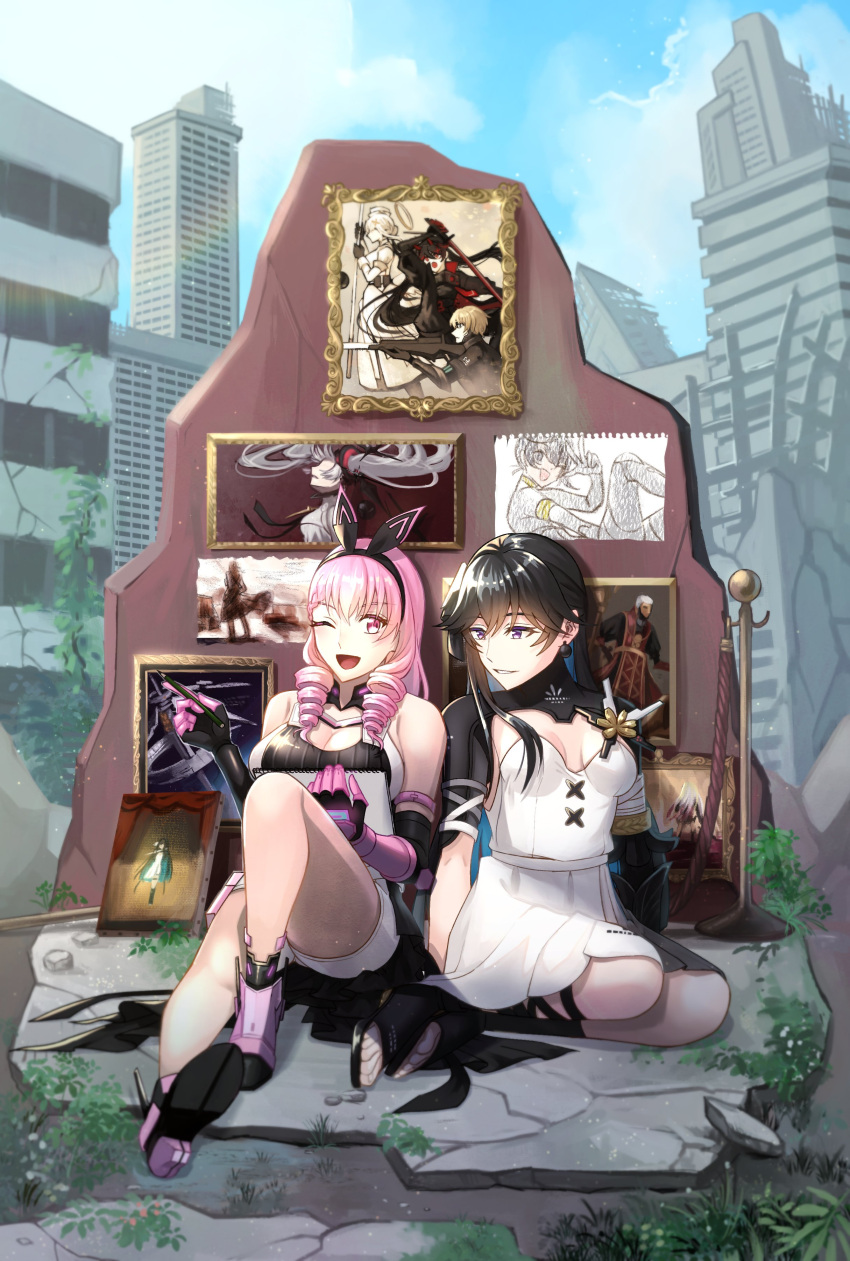 2girls absurdres ayla:_kaleido_(punishing:_gray_raven) ayla_(punishing:_gray_raven) bandaged_arm bandaged_leg bandages bare_shoulders black_hair black_shirt blue_hair breasts character_request colored_inner_hair dress drill_hair drill_sidelocks hair_between_eyes highres holding holding_pencil lee:_hyperreal_(punishing:_gray_raven) liv:_empyrea_(punishing:_gray_raven) long_hair lucia:_plume_(punishing:_gray_raven) luna:_laurel_(punishing:_gray_raven) mechanical_arms mechanical_foot mimihoneeey multicolored_hair multiple_girls nanami:_starfarer_(punishing:_gray_raven) one_eye_closed painting_(object) pencil pink_eyes pink_hair punishing:_gray_raven rabbit_bow selena:_tempest_(punishing:_gray_raven) selena_(punishing:_gray_raven) shirt shorts side_drill sidelocks sitting sleeveless sleeveless_shirt small_breasts violet_eyes white_dress white_shorts