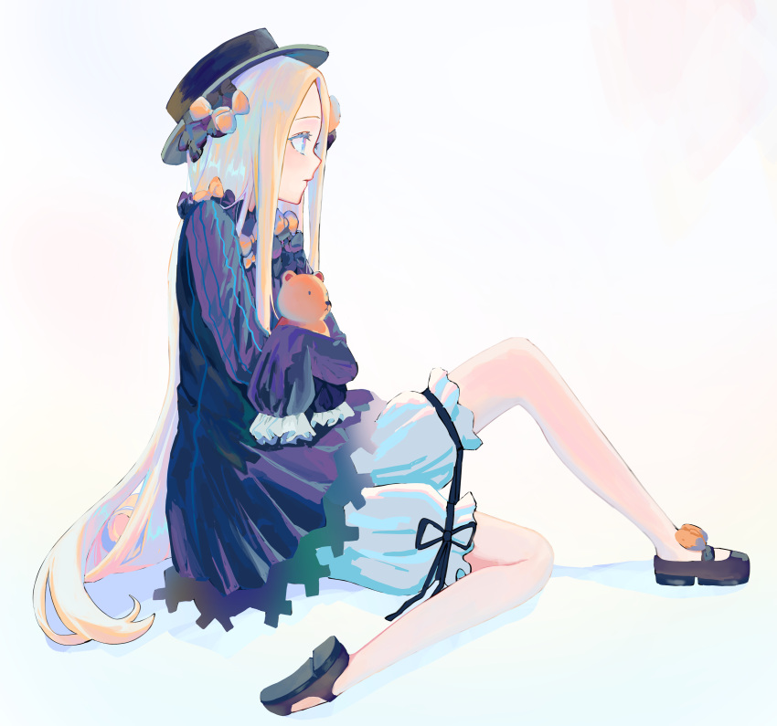 1girl abi_(user_nzav7333) abigail_williams_(fate) absurdres black_footwear blonde_hair bloomers blue_eyes bow fate/grand_order fate_(series) hair_bow hat highres hugging_doll hugging_object multiple_hair_bows orange_bow shoes sleeves_past_fingers sleeves_past_wrists solo stuffed_animal stuffed_toy teddy_bear