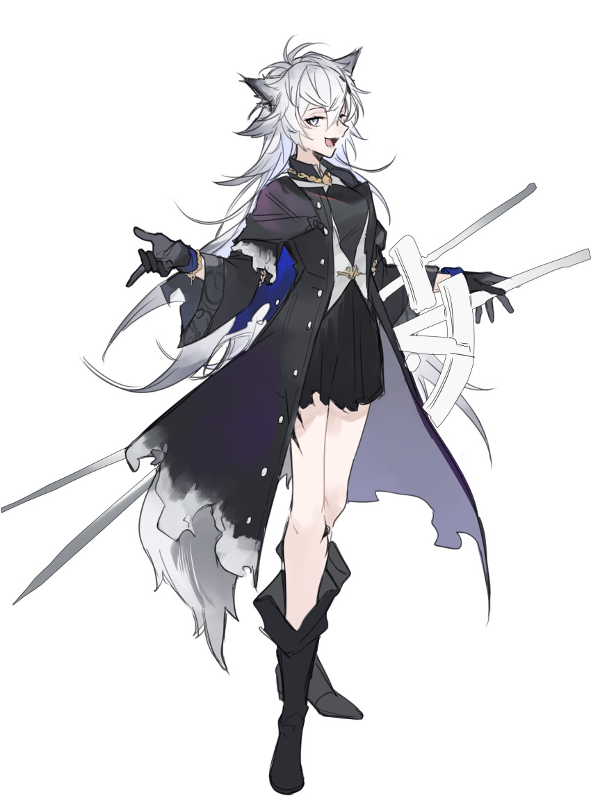 1girl absurdres animal_ears arknights black_coat black_dress black_footwear black_gloves boots breasts coat commentary dress gloves gradient_background grey_eyes grey_hair hand_up highres knee_boots lappland_(arknights) lappland_(refined_horrormare)_(arknights) long_hair looking_at_viewer open_clothes open_coat open_mouth oripathy_lesion_(arknights) simple_background smile solo tail vest white_background white_vest wolf_ears wolf_girl wolf_tail yakota_(usuk-yako)