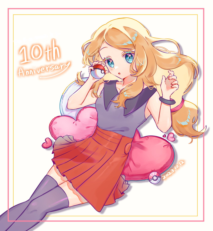 1girl :o anniversary aqua_eyes blonde_hair bracelet collared_shirt commentary_request cushion dated eyelashes framed hands_up head_tilt highres holding holding_poke_ball jewelry long_hair love_ball low-tied_long_hair miso_(mso_742) open_mouth pleated_skirt poke_ball poke_ball_(basic) pokemon pokemon_(game) pokemon_xy serena_(pokemon) shirt skirt solo thigh-highs white_background