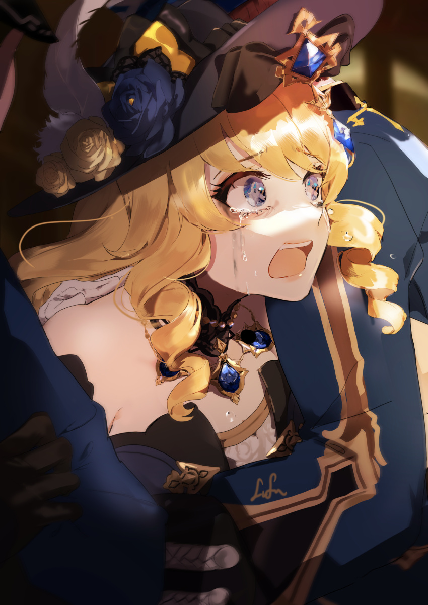 1girl absurdres blonde_hair blue_eyes bodice crying crying_with_eyes_open curly_hair eye_reflection genshin_impact hat highres lluluchwan long_hair navia_(genshin_impact) neuvillette_(genshin_impact) open_mouth reflection restrained tagme tears teeth upper_teeth_only