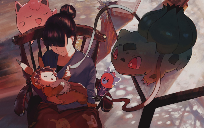 1boy 1girl baby bewear bib blanket book bright_pupils brown_hair bulbasaur chair claws closed_eyes closed_mouth family hair_bun hair_over_eyes highres jigglypuff mother_and_son nicporim nostrils open_mouth pikachu plant poke_kid_(pokemon) pokemon rattle red_eyes rocking_chair short_hair sleeping smile table vines white_pupils yamper