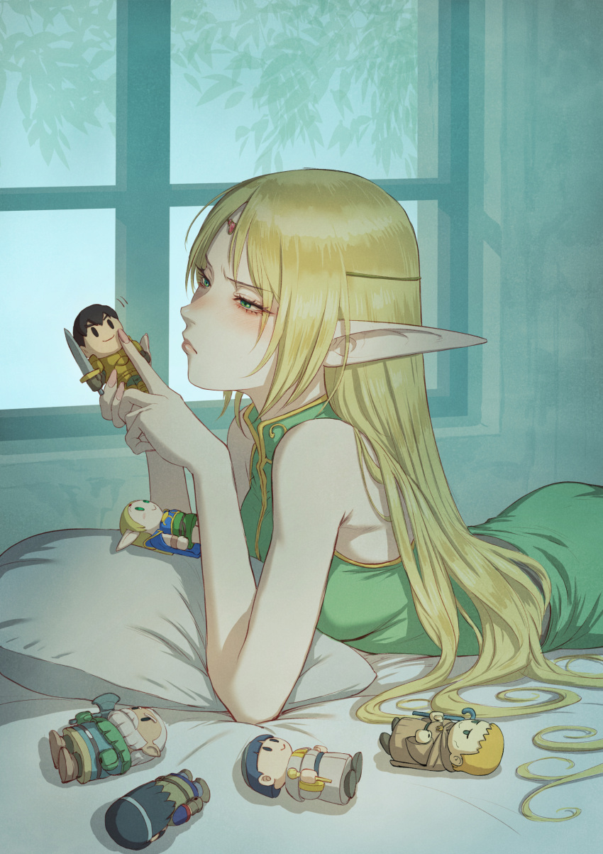 1girl absurdres bare_shoulders beard black_hair blonde_hair breasts character_request commentary_request deedlit dress elf facial_hair forehead_jewel fujii_eishun gem green_dress green_eyes highres holding holding_sword holding_toy holding_weapon indoors leaf long_hair medium_hair on_bed pillow pointy_ears pout record_of_lodoss_war red_gemstone robe shoes short_hair sleeveless sleeveless_dress small_breasts solo sword toy very_long_hair weapon white_hair window