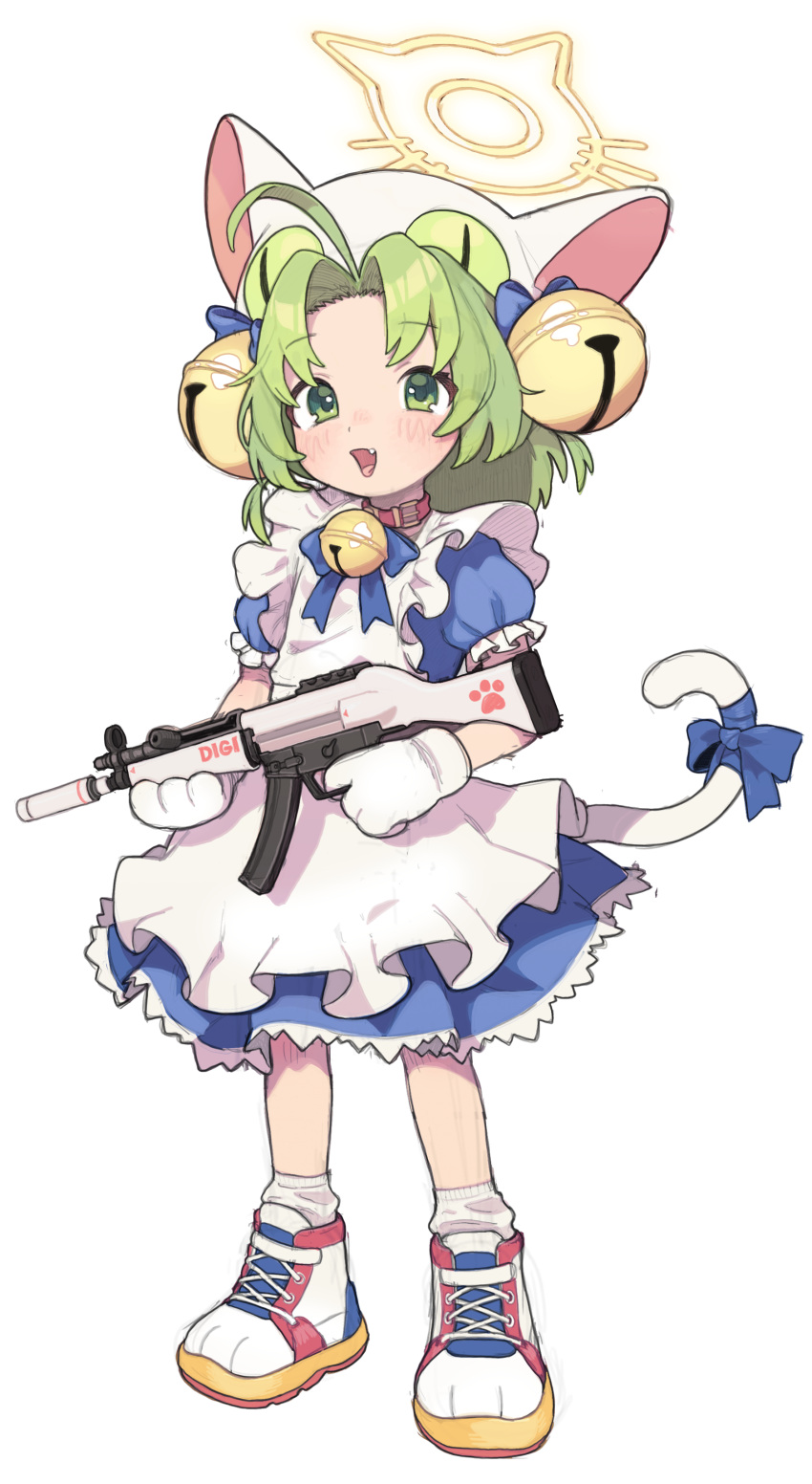 1girl absurdres ahoge animal_hands animal_hat apron bell blue_archive blue_bow blue_bowtie blue_ribbon bow bowtie cat_hat cat_paws cat_tail commentary dejiko di_gi_charat dress english_commentary frilled_apron frills full_body gloves green_eyes green_hair gun hair_bell hair_intakes hair_ornament halo hat highres holding holding_gun holding_weapon jingle_bell maid maid_apron medium_dress mixed-language_commentary neck_bell open_mouth opossumachine paw_gloves puffy_short_sleeves puffy_sleeves ribbon short_hair short_sleeves simple_background solo standing tail tail_ornament tail_ribbon weapon white_apron white_background white_gloves yellow_halo