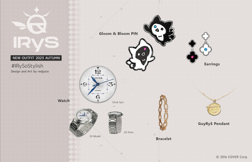 accessories clothes_pin earrings gold_bracelet gold_necklace guyrys highres hololive hololive_english irys_(hololive) jewelry necklace official_alternate_costume pendant redjuice reference_sheet watch watch