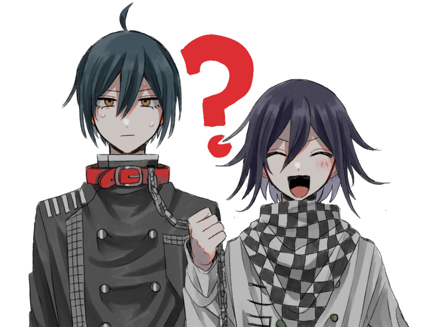 2boys :d ? ahoge animal_collar black_hair breast_pocket buttons chain chain_leash checkered_clothes checkered_scarf closed_eyes collar danganronpa_(series) danganronpa_v3:_killing_harmony double-breasted facing_viewer flipped_hair kasou_(roomno404_) leash long_sleeves looking_at_viewer male_focus multiple_boys oma_kokichi orange_eyes pocket saihara_shuichi scarf short_hair simple_background smile sweat upper_body white_background