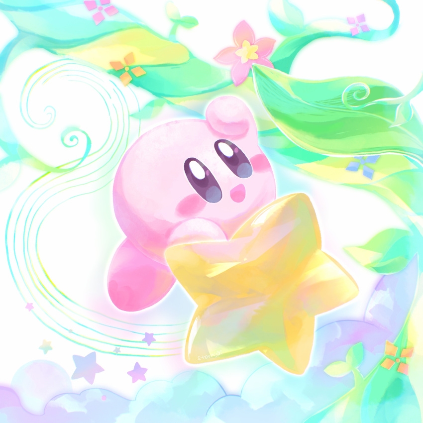 :d above_clouds arm_up bean_stalk blue_eyes blush blush_stickers clouds commentary_request flower highres kirby kirby_(series) leaf no_humans open_mouth pink_flower riding smile solo star_(symbol) stern_(stern_dream) warp_star