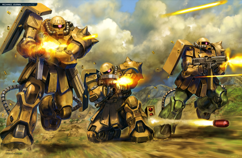 absurdres aiming casing_ejection clouds cloudy_sky firing gun gundam gundam_0083 highres holding holding_gun holding_weapon kinoshita_tomotake looking_ahead mecha missile missile_pod mobile_suit motion_blur mountain muzzle_flash no_humans on_one_knee one-eyed outdoors red_eyes robot running science_fiction shell_casing shoulder_spikes sky spikes tree weapon zaku_ii
