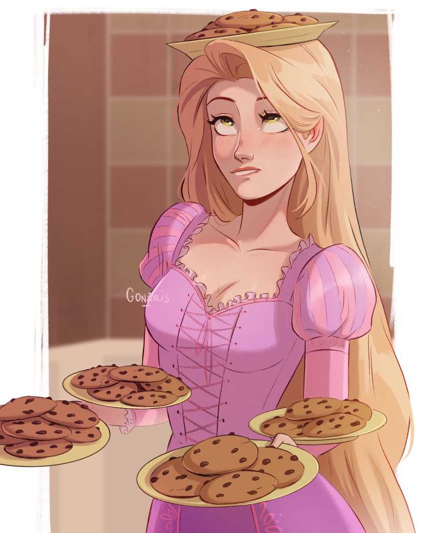 1girl balancing blonde_hair cookie dress food food_on_head gonzais green_eyes highres holding holding_plate long_hair looking_up object_on_head pink_dress plate rapunzel_(disney) solo tangled upper_body very_long_hair