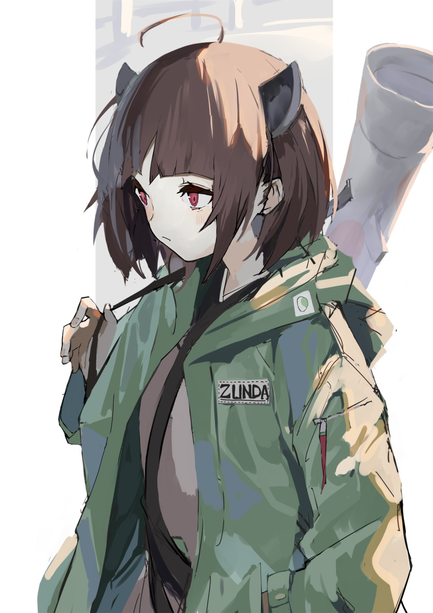 1girl :/ ahoge alternate_costume blade blush brown_hair brown_kimono commentary_request expressionless food_print from_side green_jacket hand_in_pocket hand_up headgear highres holding_strap hood hood_down hooded_jacket jacket jacket_over_kimono japanese_clothes kimono long_sleeves looking_ahead medium_hair outside_border pillarboxed pocche-ex red_eyes rocket_launcher romaji_text solo touhoku_kiritan upper_body voiceroid weapon zunda_mochi